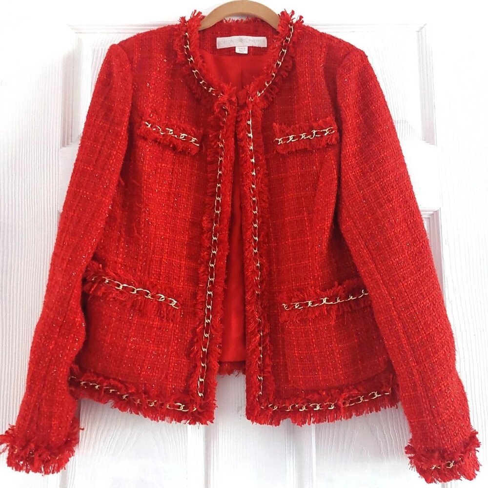 BOSTON PROPER SPLASH GRENADINE PARISIAN TWEED BLAZER JACKET RED GOLD CHAIN 12